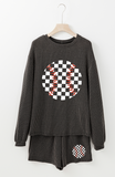 Corded Checkerboard Baseball Graphic Long Sleeve Top and Shorts Set