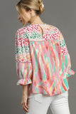 Umgee Full Size Mixed Print Lace Trim Top Plus Size