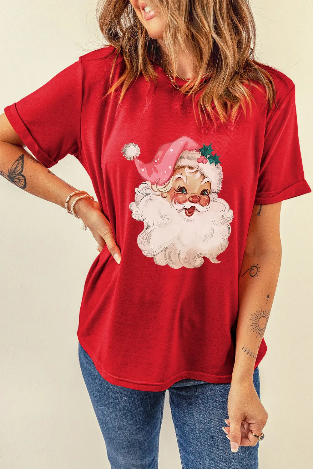 Santa Round Neck Short Sleeve T-Shirt - felvior