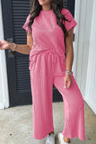 Corded Knit Short Sleeve T-Shirt and Wide Leg Pants Set