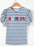 AMERICA Striped Round Neck Puff Sleeve Top