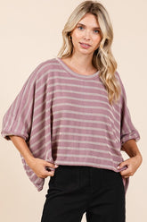 Mittoshop Texture Striped Print Round Neck Dolman Sleeve Top