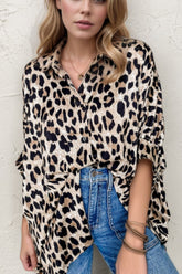 Leopard Print Buttoned 3/4 Sleeve Loose Fit Shirt