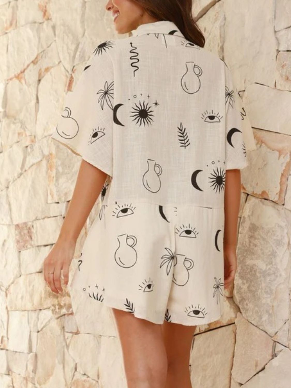 Printed Collared Neck Half Sleeve Romper - felvior
