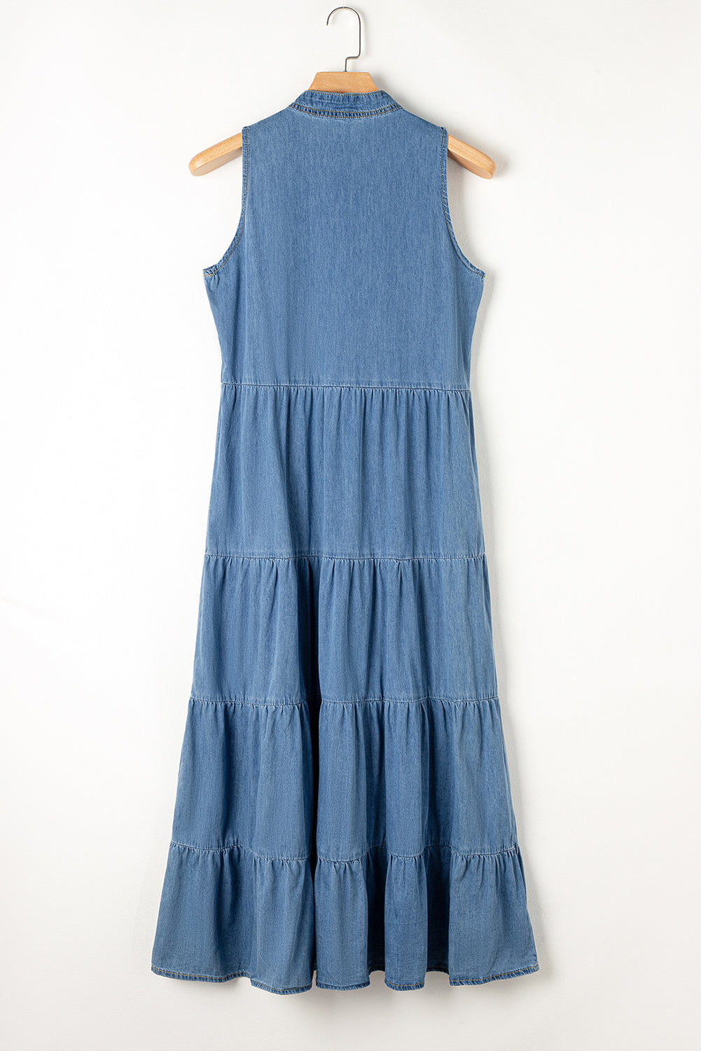 Tie Neck Tiered Maxi Denim Dress - felvior