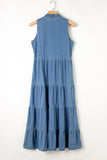 Tie Neck Tiered Maxi Denim Dress