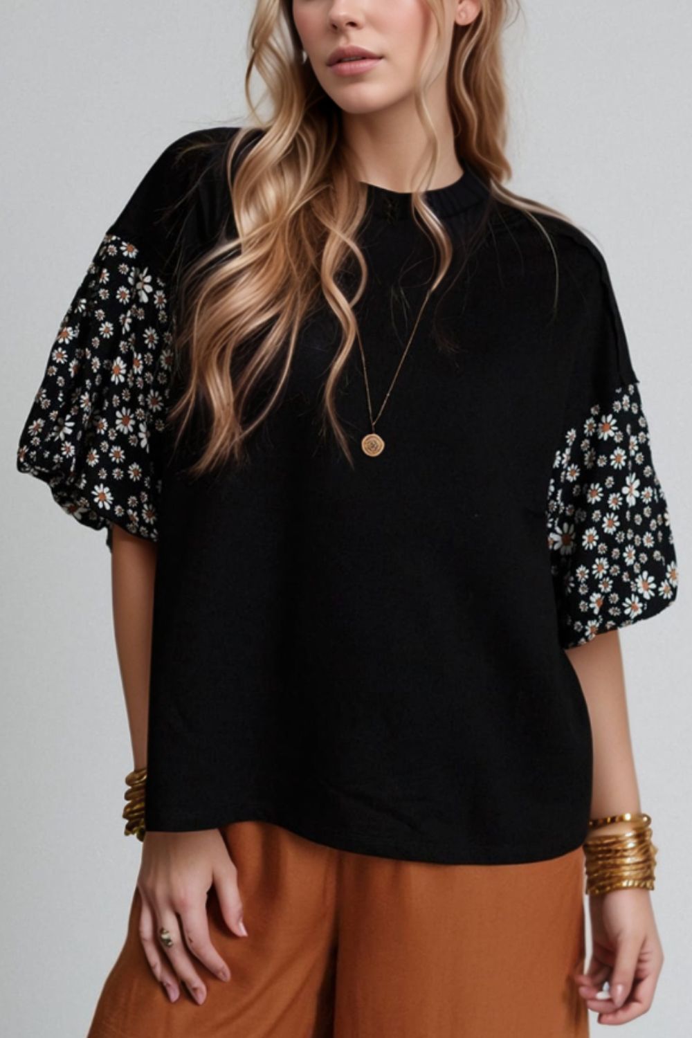 Contrast Floral Puff Sleeve Oversized Top - felvior