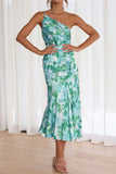 Ruched Printed Single Shoulder Midi Dress