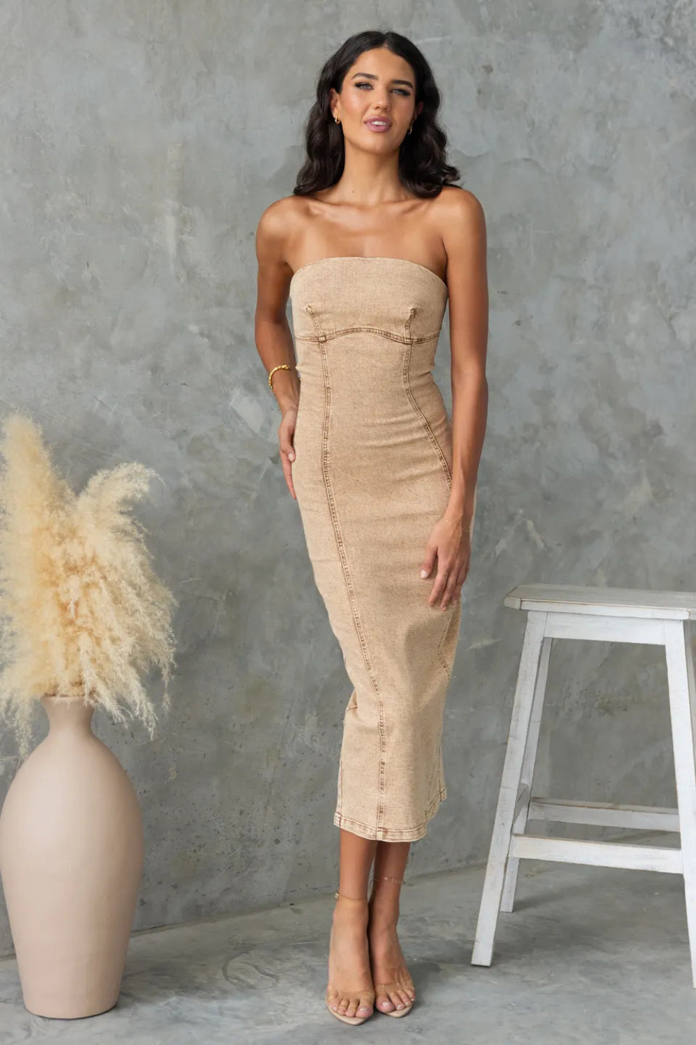 Washed Slit Back Tube Denim Dress - felvior