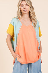Mittoshop Color Block V-Neck Short Sleeve T-Shirt
