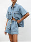 Button Up Short Sleeve Top and Shorts Denim Set
