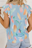 Splotches Pattern Ruffled Cap Sleeve Blouse