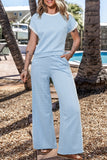 Textured Contrast Edge Top and High Waist Pants Set