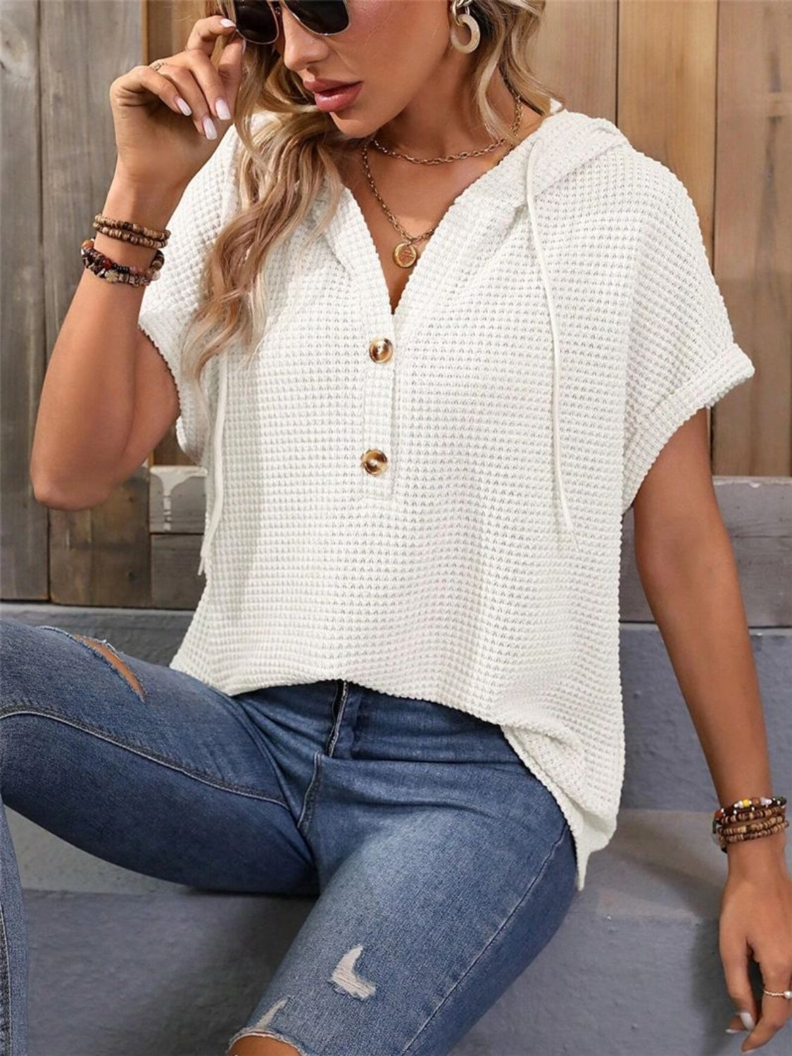 Waffle-Knit Hooded Short Sleeve Top - felvior