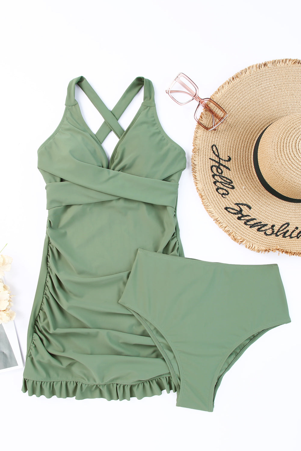 Tie Back Sleeveless Swim Dress and Bottoms Set - felvior