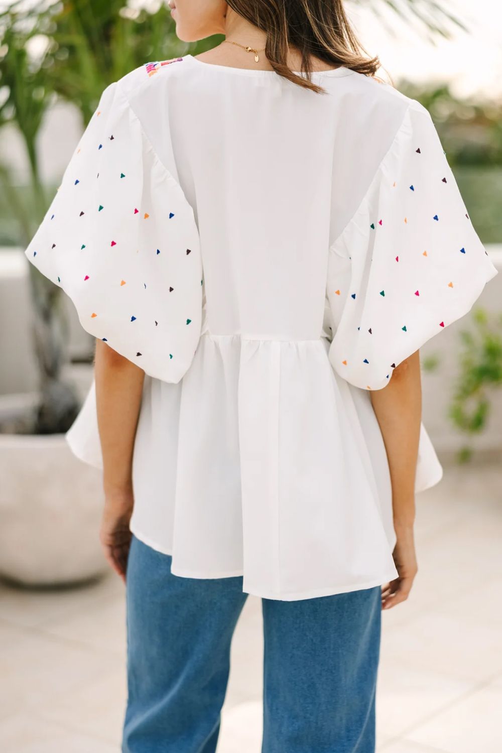 Printed V-Neck Puff Sleeve Top - felvior