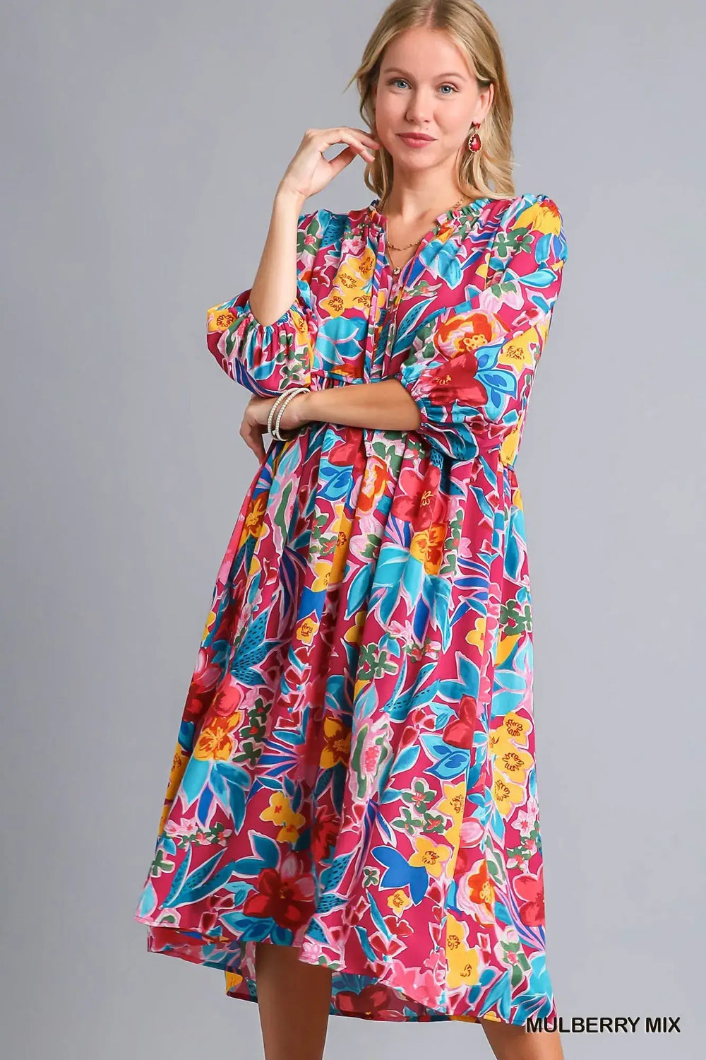 Umgee Full Size Floral Print Tie Neck Midi Dress with Pockets Plus Size