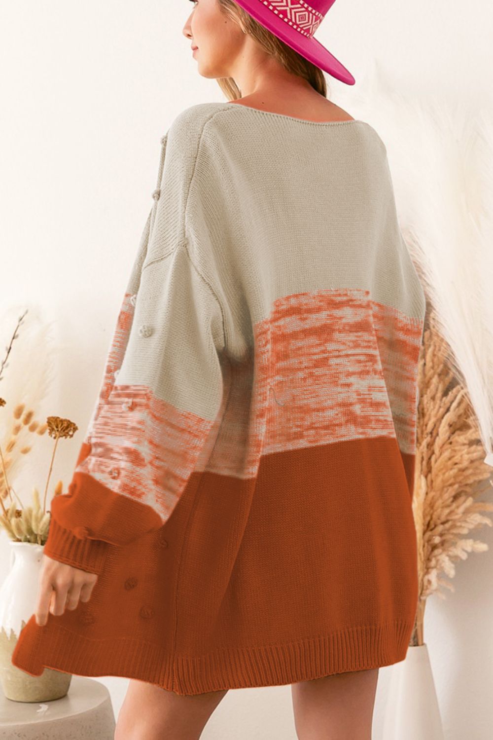 Pompom Color Block Open Front Cardigan - felvior