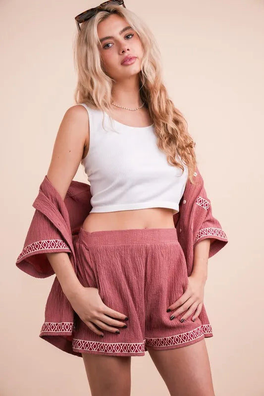 VERY J Crinkled Woven Shirt Top & Shorts Set - felvior