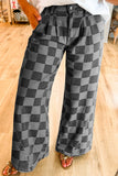 Checkered Wide Leg Jeans with Pockets - felvior