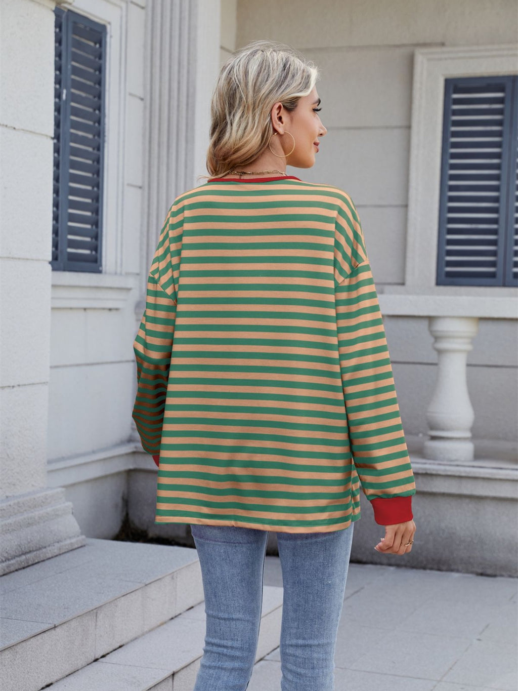 Lace-Up Striped Long Sleeve T-Shirt