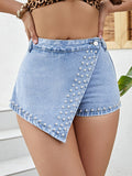 Asymmetrical Studded Denim Shorts - felvior