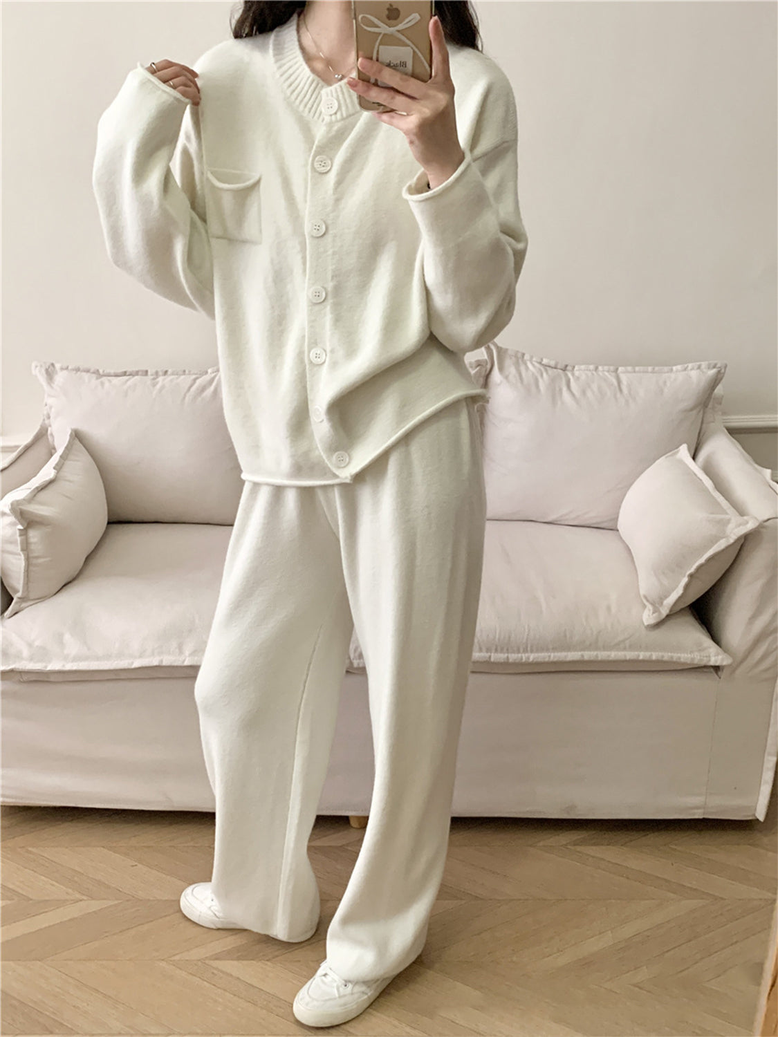 Pocketed Round Neck Button Up Cardigan and Pants Sweater Set - felvior