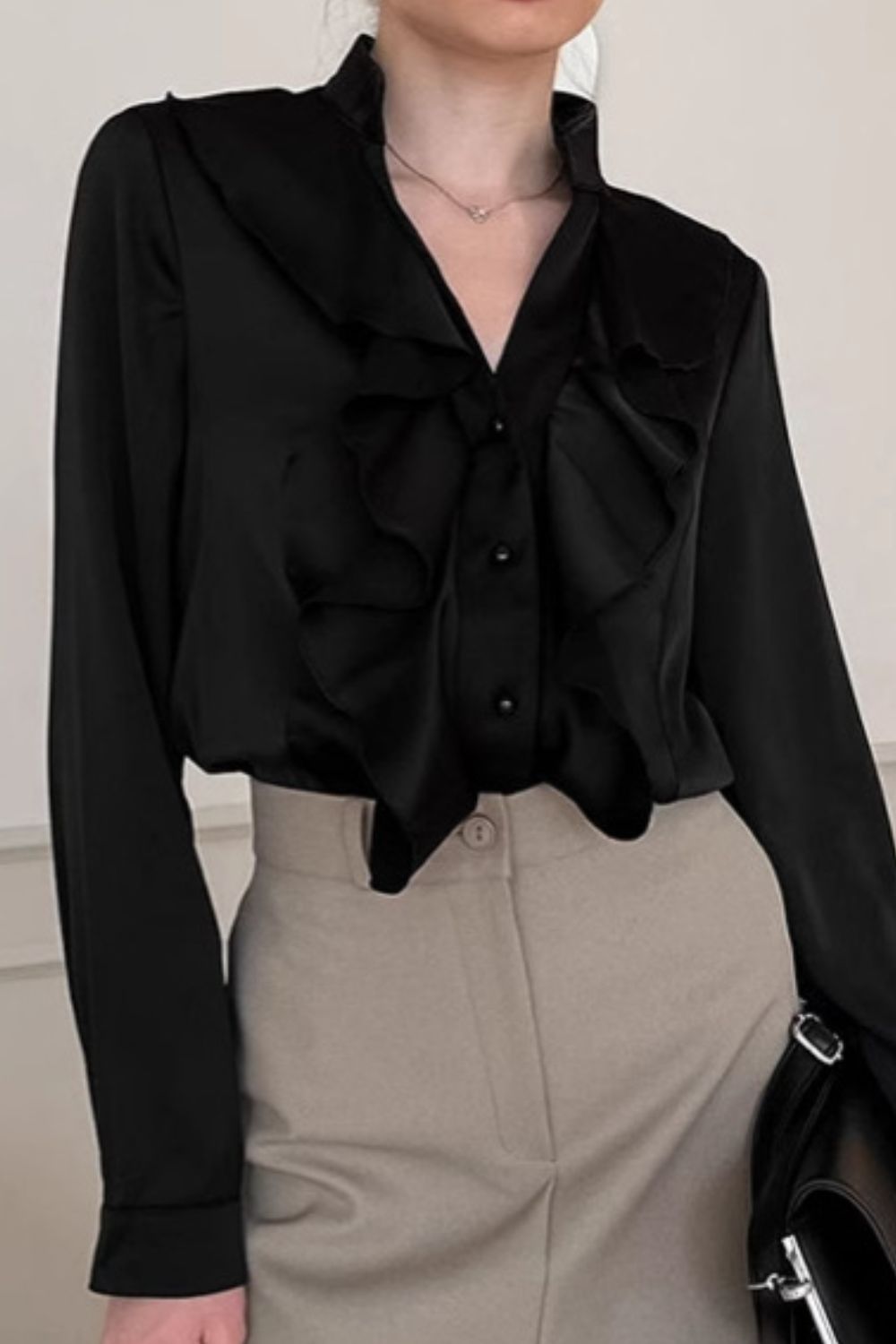 Ruffled Notched Long Sleeve Shirt - felvior