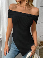 Ribbed Off-Shoulder Asymmetrical Hem T-Shirt
