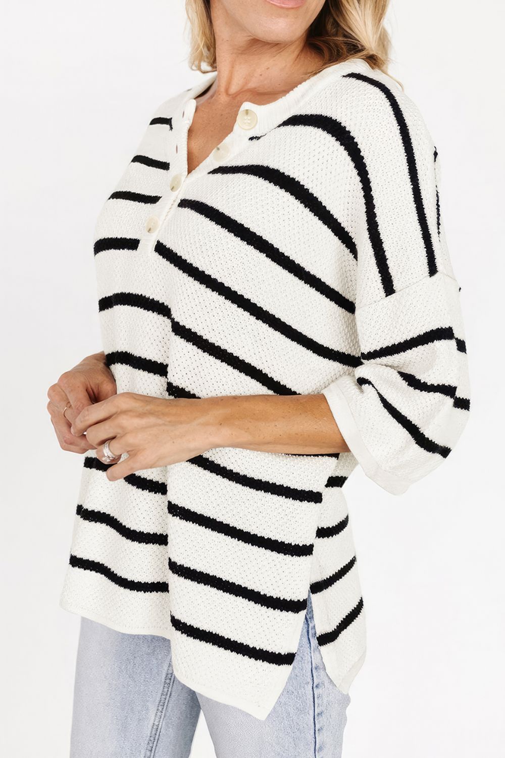 Stripe Drop Shoulder Side Slit Knit Top