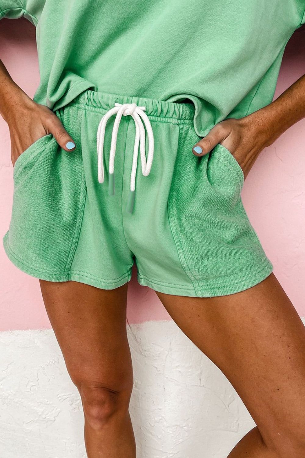 V-Neck Short Sleeve Loose Top and Drawstring Shorts Set - felvior