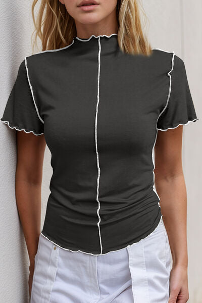 Basic Bae Contrast Trim Mock Neck Short Sleeve T-Shirt - felvior