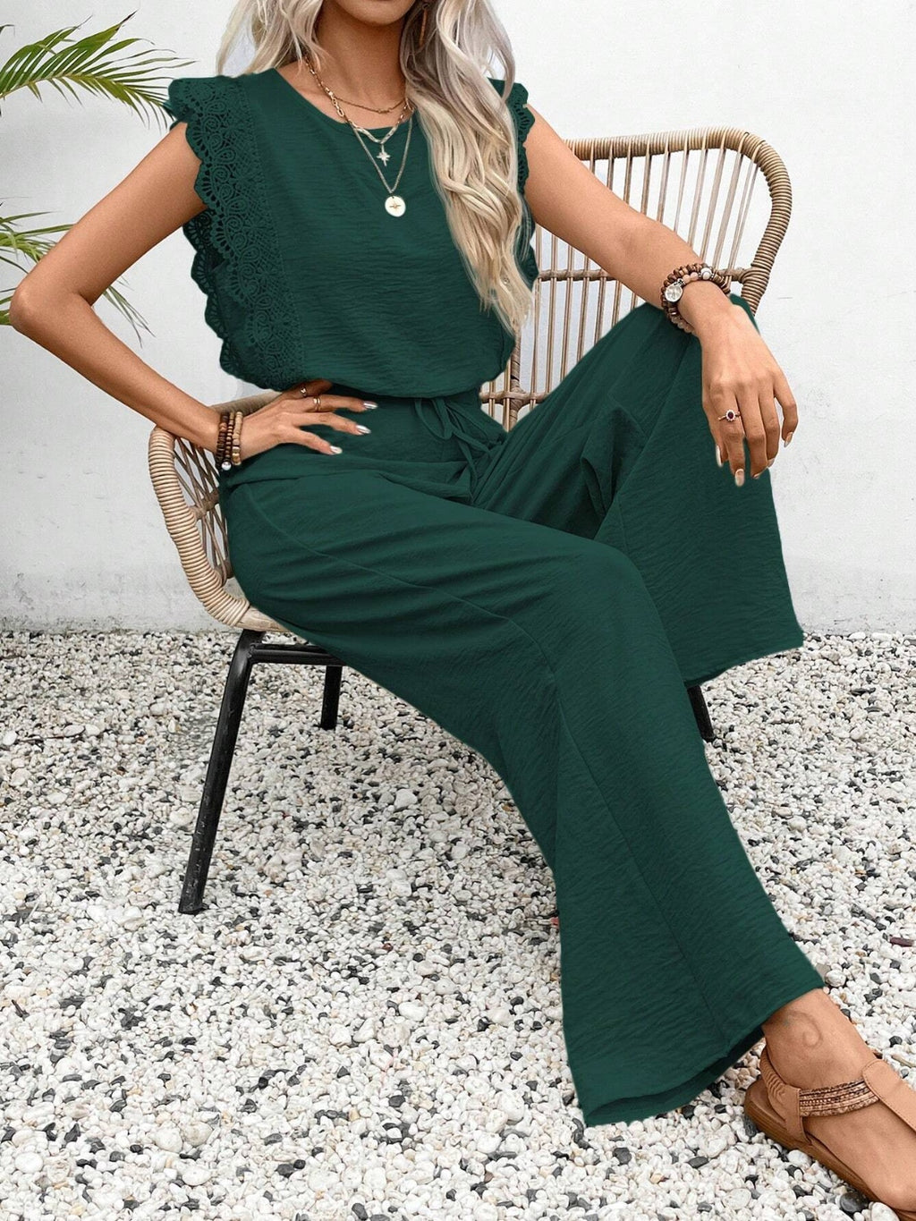 Lace Trim Round Neck Top and Pants Set