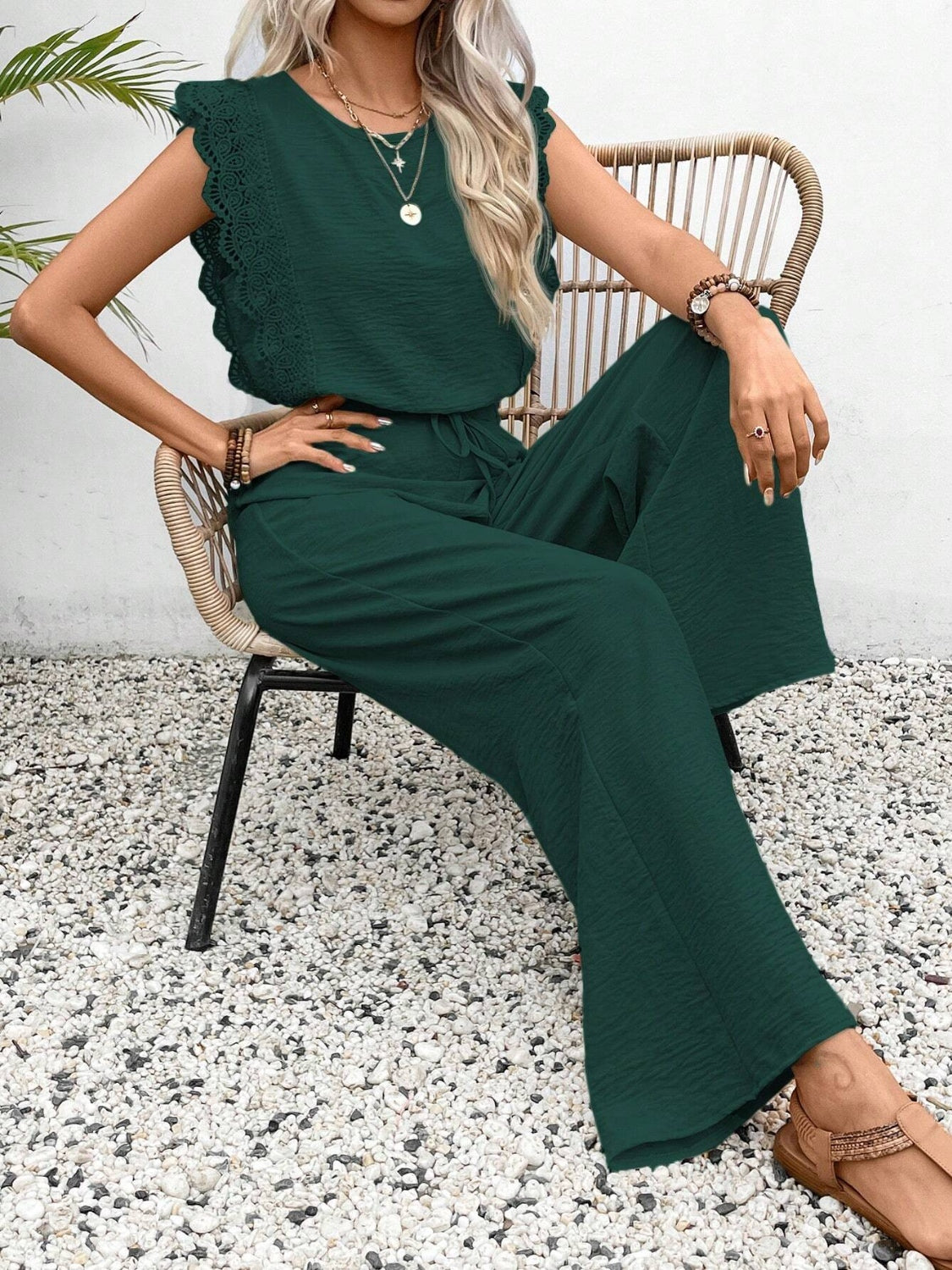 Lace Trim Round Neck Top and Pants Set