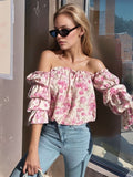 Printed Off-Shoulder Flounce Sleeve Blouse - felvior