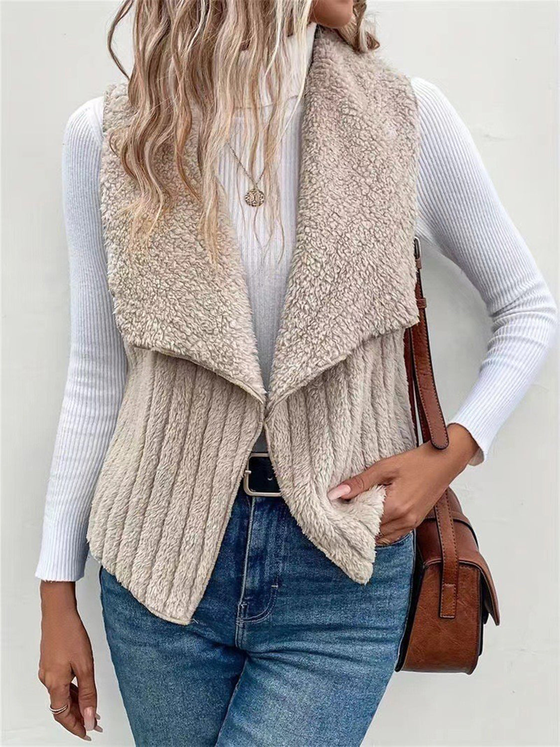 Open Front Fuzzy Vest Coat - felvior