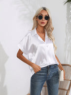 Button Down Collared Neck Short Sleeve Satin Shirt