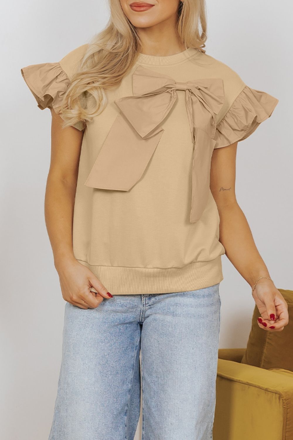 Bow Ruffled Round Neck Cap Sleeve Blouse
