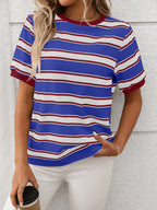 Contrast Striped Round Neck Short Sleeve T-Shirt