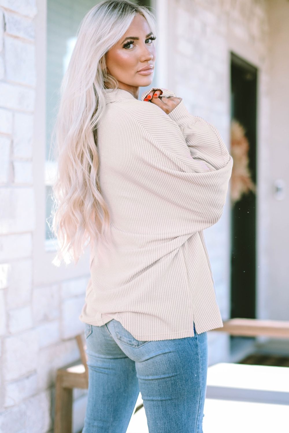 Collared Neck Half Button Long Sleeve Blouse - felvior
