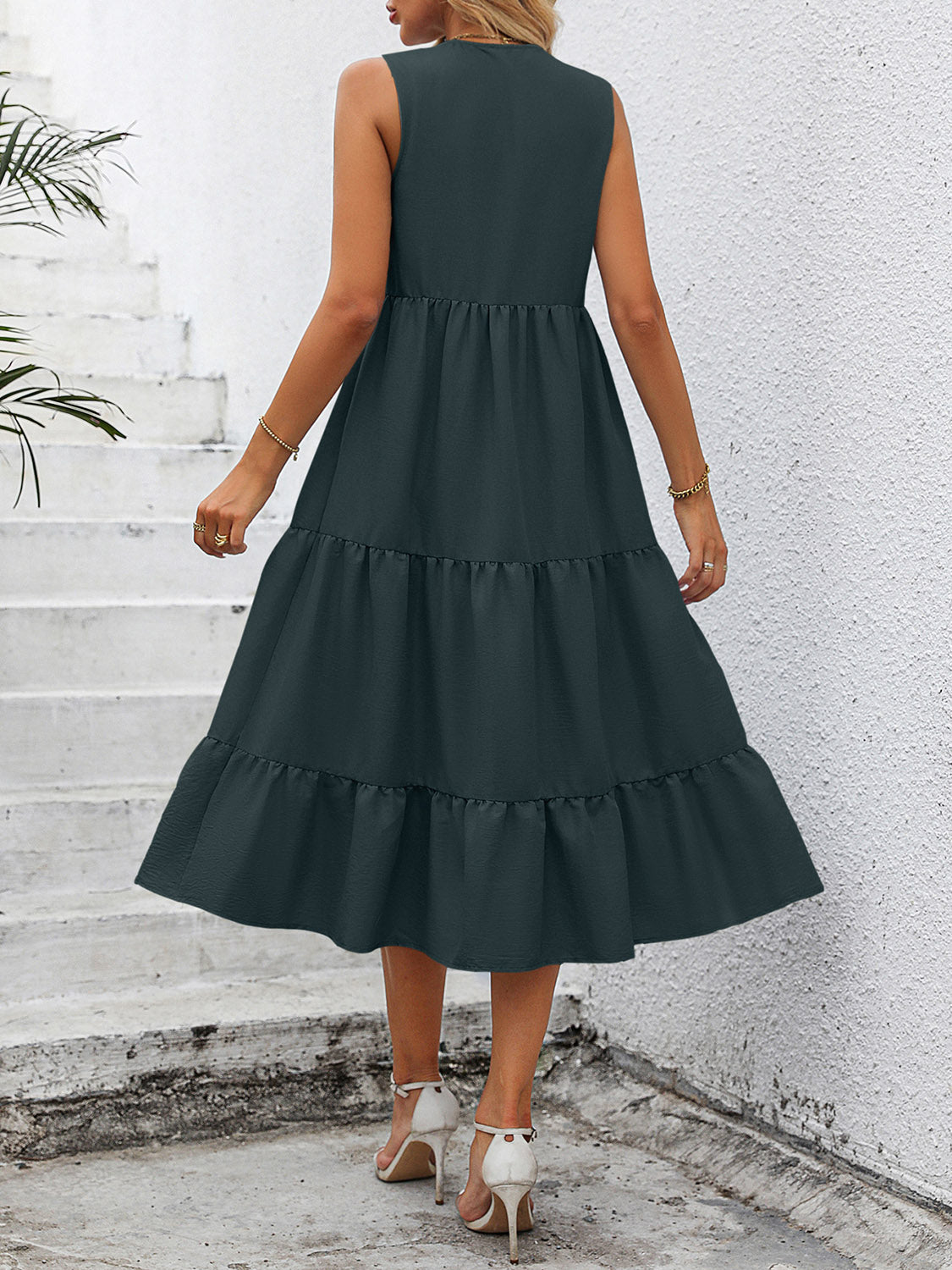 V-Neck Sleeveless Tiered Dress - felvior