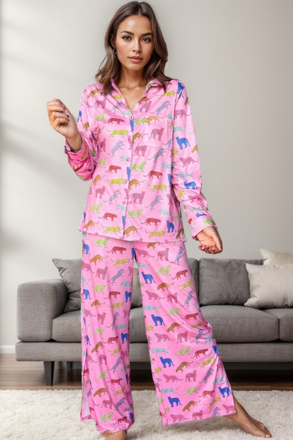 Pocketed Printed Top and Pants Lounge Set - felvior
