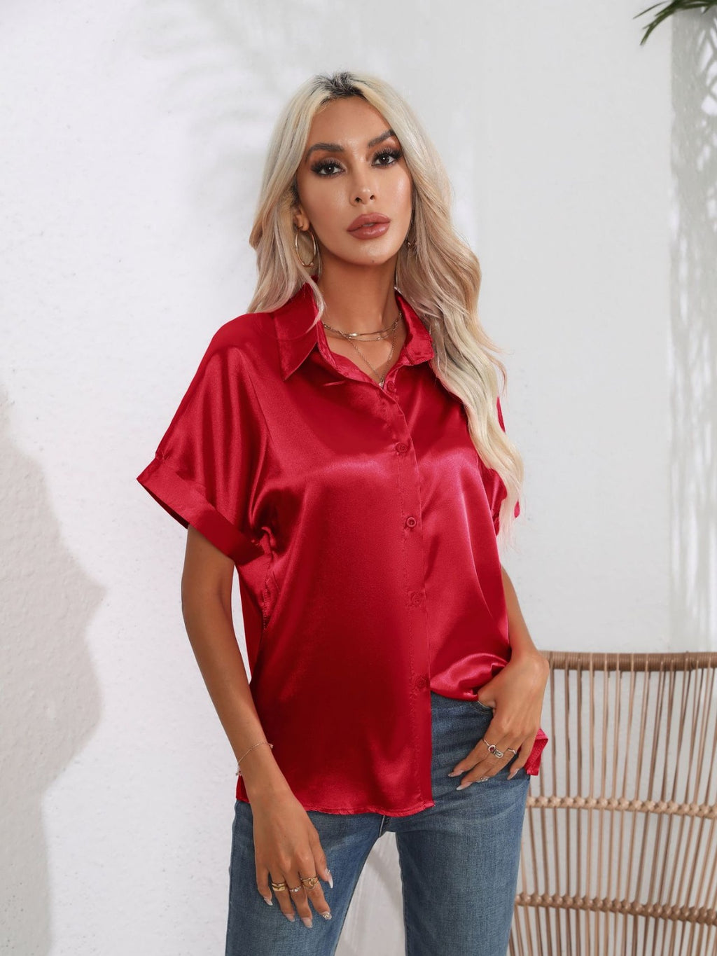 Button Down Collared Neck Short Sleeve Satin Shirt