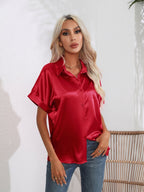 Button Down Collared Neck Short Sleeve Satin Shirt