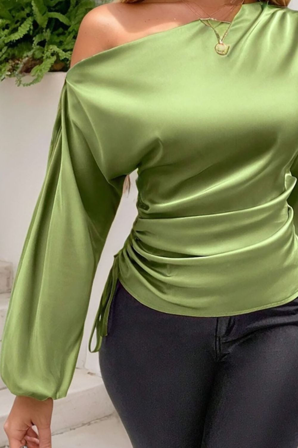 Drawstring One Shoulder Long Sleeve Blouse - felvior