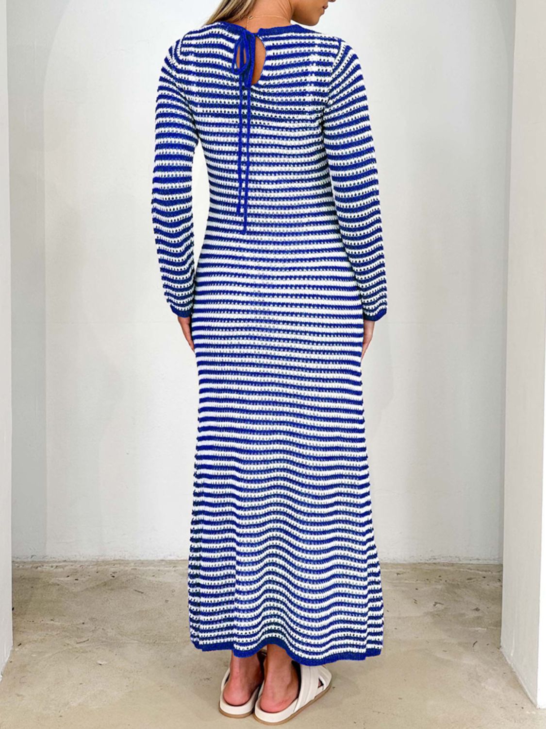 Devine Tied Round Neck Striped Sweater Dress - felvior