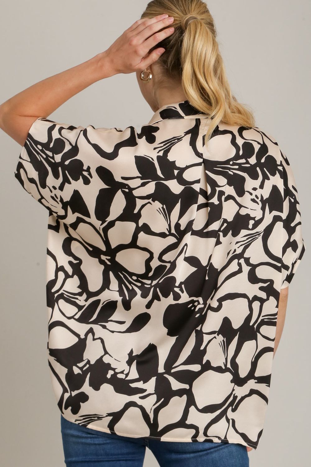 Umgee Full Size Two Tone Print Button Down Top with Hidden Plackets Plus Size