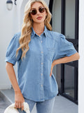 Collared Neck Button Up Denim Shirt - felvior