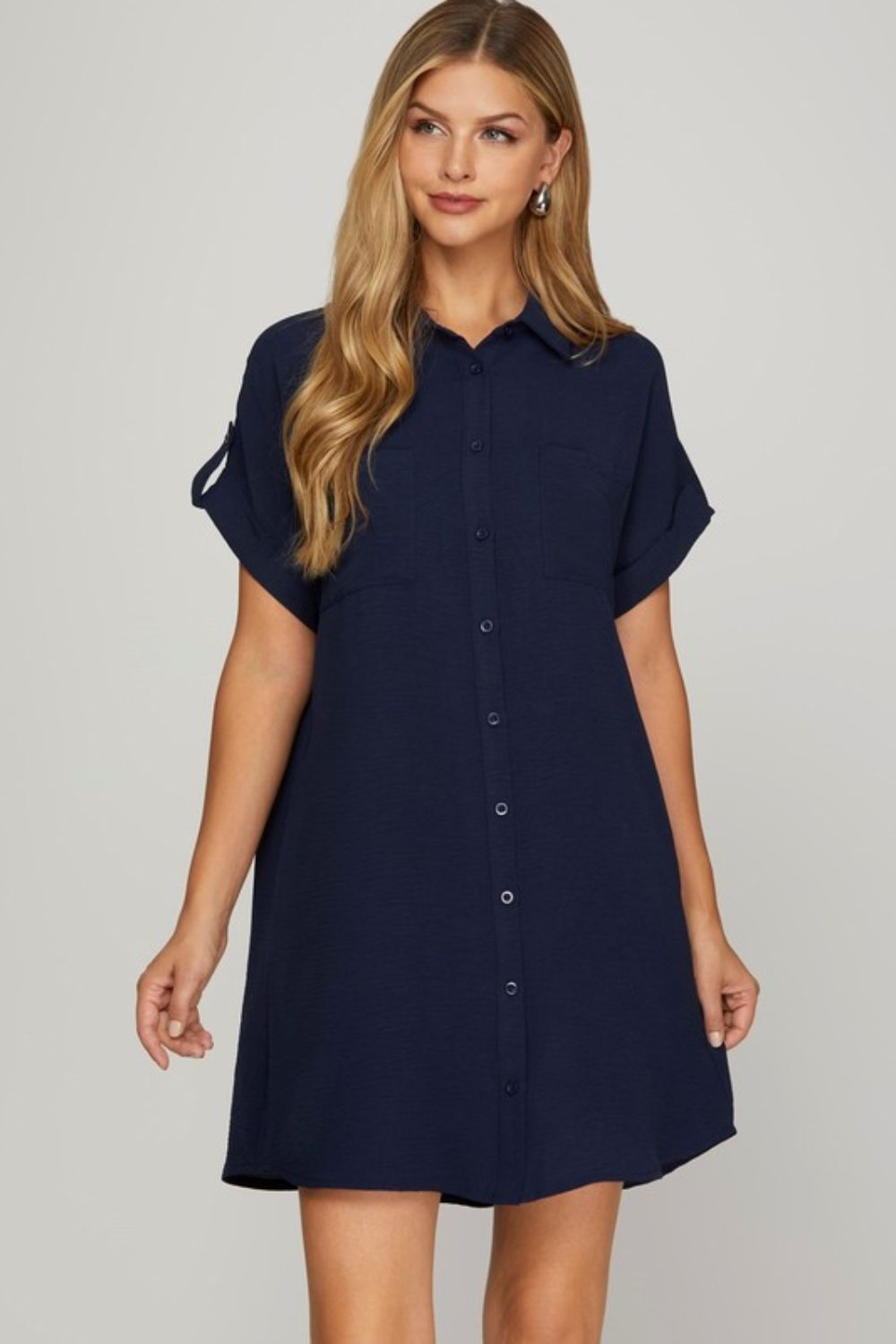 She + Sky Full Size Button Down Short Sleeve Woven Shirt Dress Plus Size - felvior