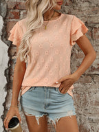 Eyelet Round Neck Double Layered Ruffled Short Sleeve Top